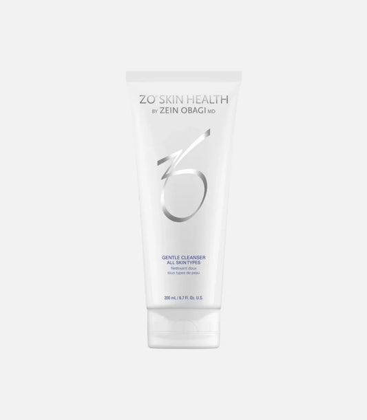 A white tube of ZO Skin Health by Zein Obagi MD, Gentle Cleanser for all skin types, sits against a white background. Text: "200 mL / 6.7 FL. OZ."