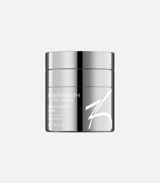 A sleek, metallic cylindrical container holds "ZO Skin Health Zein Obagi MD Growth Factor Serum" with 30 mL/1 fl. oz. capacity, centered against a plain white background.