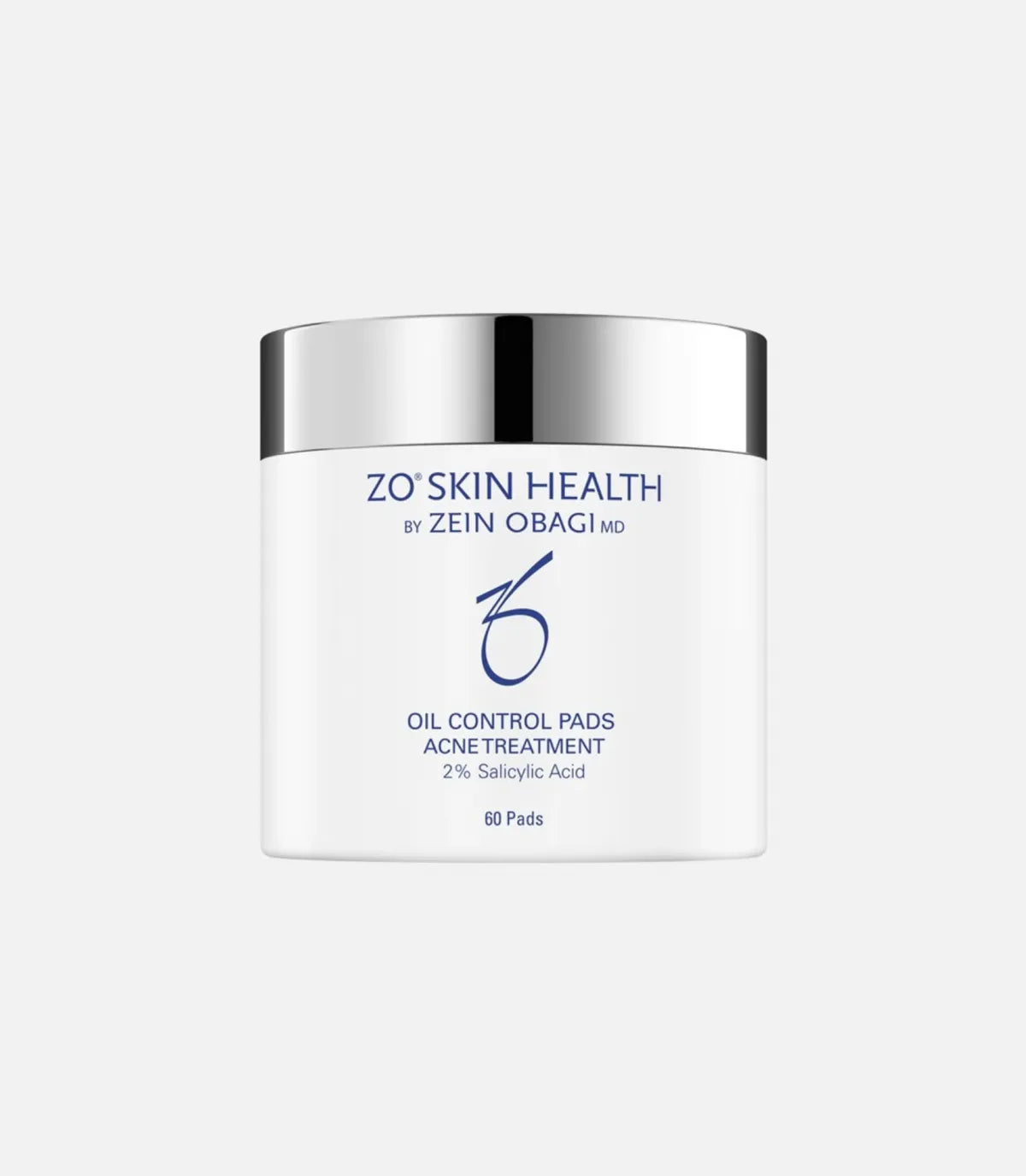 A white container with a silver lid labeled "ZO Skin Health by Zein Obagi MD." It reads "Oil Control Pads Acne Treatment, 2% Salicylic Acid," containing 60 pads. The container sits against a plain background.