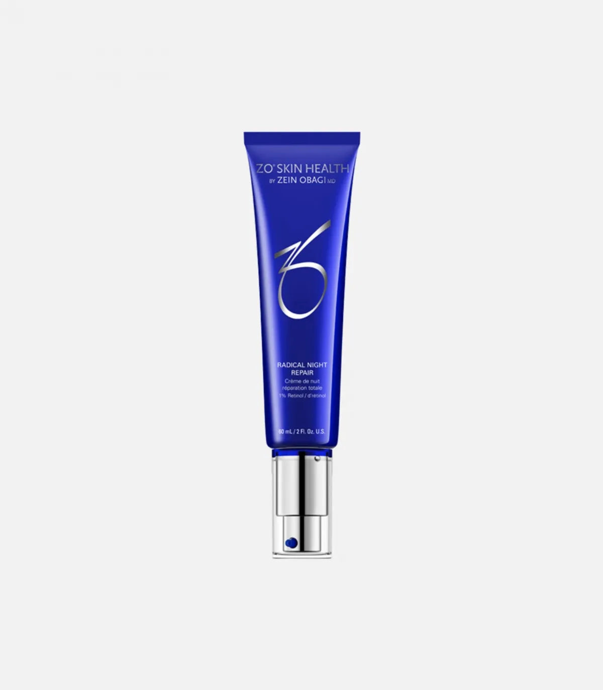 A blue tube labeled "ZO SKIN HEALTH by Zein Obagi MD" dispenses Radical Night Repair cream, enhanced with retinol. It stands upright against a plain white background.