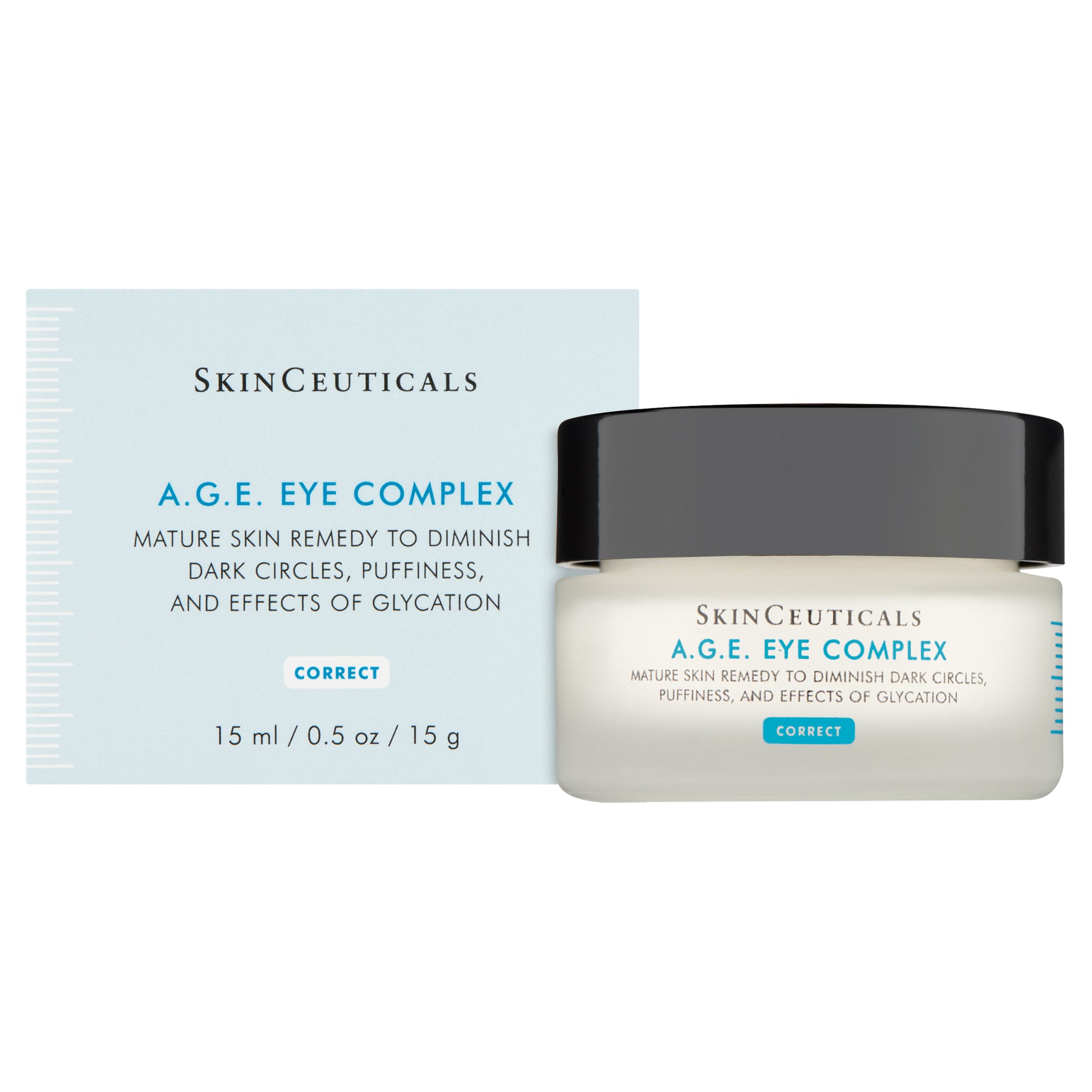 Skincare cream jar labeled "SkinCeuticals A.G.E. Eye Complex" stands beside the matching light blue box. Text reads: "Mature skin remedy to diminish dark circles, puffiness, and effects of glycation. 15 ml / 0.5 oz / 15g".