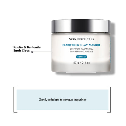 A jar labeled "SkinCeuticals Clarifying Clay Masque," with "Deep Pore-Cleansing, Skin-Refining Masque - 67 g / 2.4 oz." Below, text reads, "Gently exfoliate to remove impurities." An arrow points to the ingredients "Kaolin & Bentonite Earth Clays."