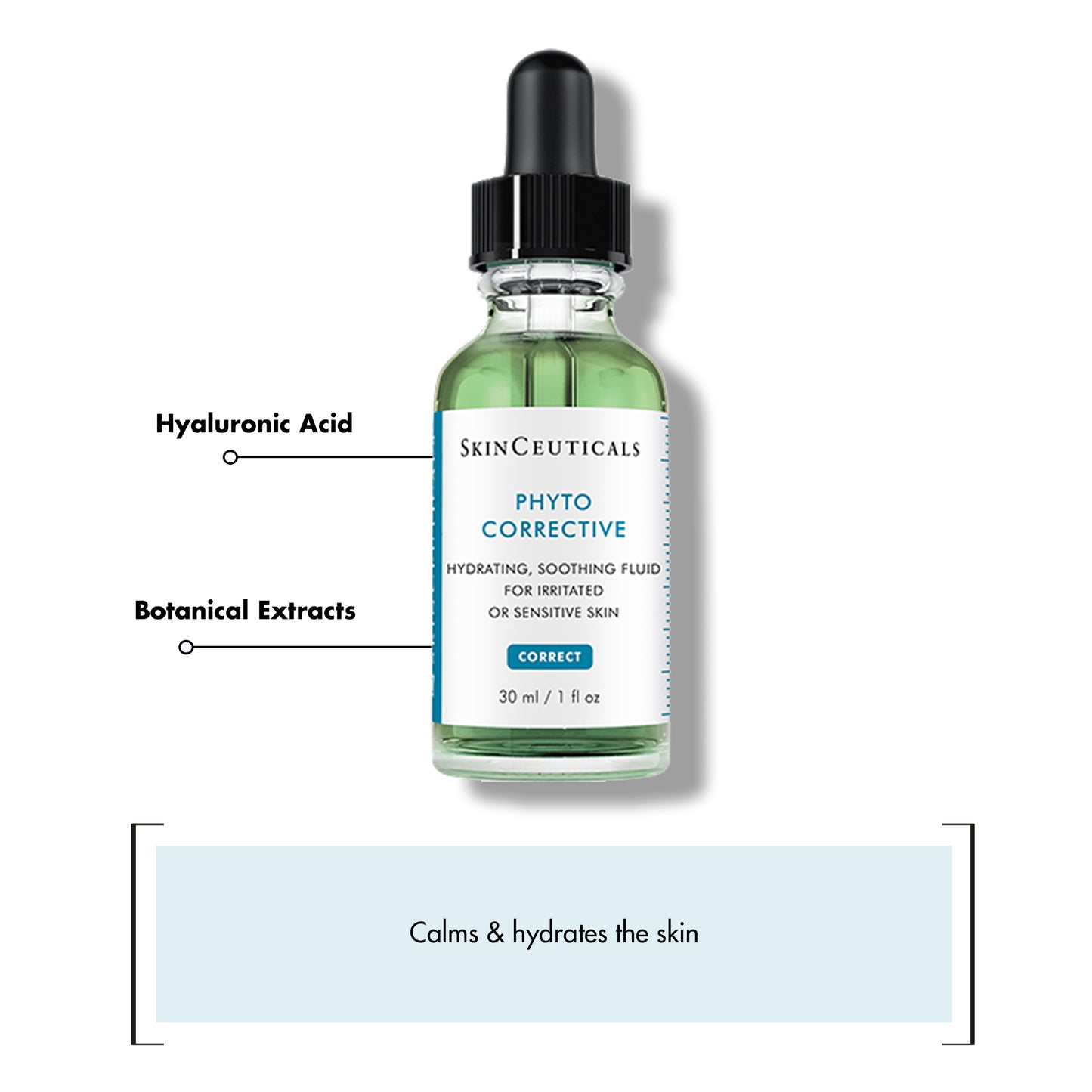 A green skincare product bottle labeled "SkinCeuticals Phyto Corrective," contains hyaluronic acid and botanical extracts, described as "hydrating, soothing fluid for irritated or sensitive skin." Text below reads, "Calms & hydrates the skin."