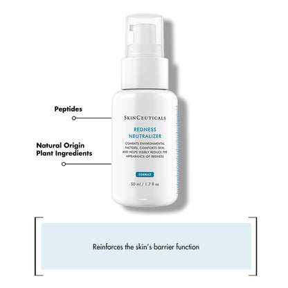 A white bottle labeled "SkinCeuticals Redness Neutralizer" with pump top, enhanced with annotations indicating "Peptides" and "Natural Origin Plant Ingredients," placed against a white background. Text below reads, "Reinforces the skin’s barrier function."