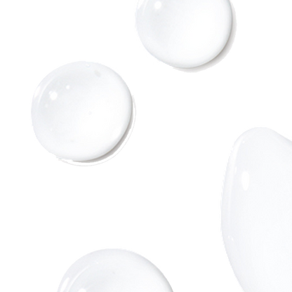 Clear droplets of liquid rest on a white background, with one large droplet and three smaller ones scattered around, reflecting light and creating a minimalist, clean aesthetic.