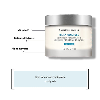 A jar of SkinCeuticals Daily Moisture with a silver lid is labeled as containing 60 ml/2 fl oz. The surrounding text highlights Vitamin E, Botanical Extracts, and Algae Extracts, ideal for normal, combination, or oily skin.