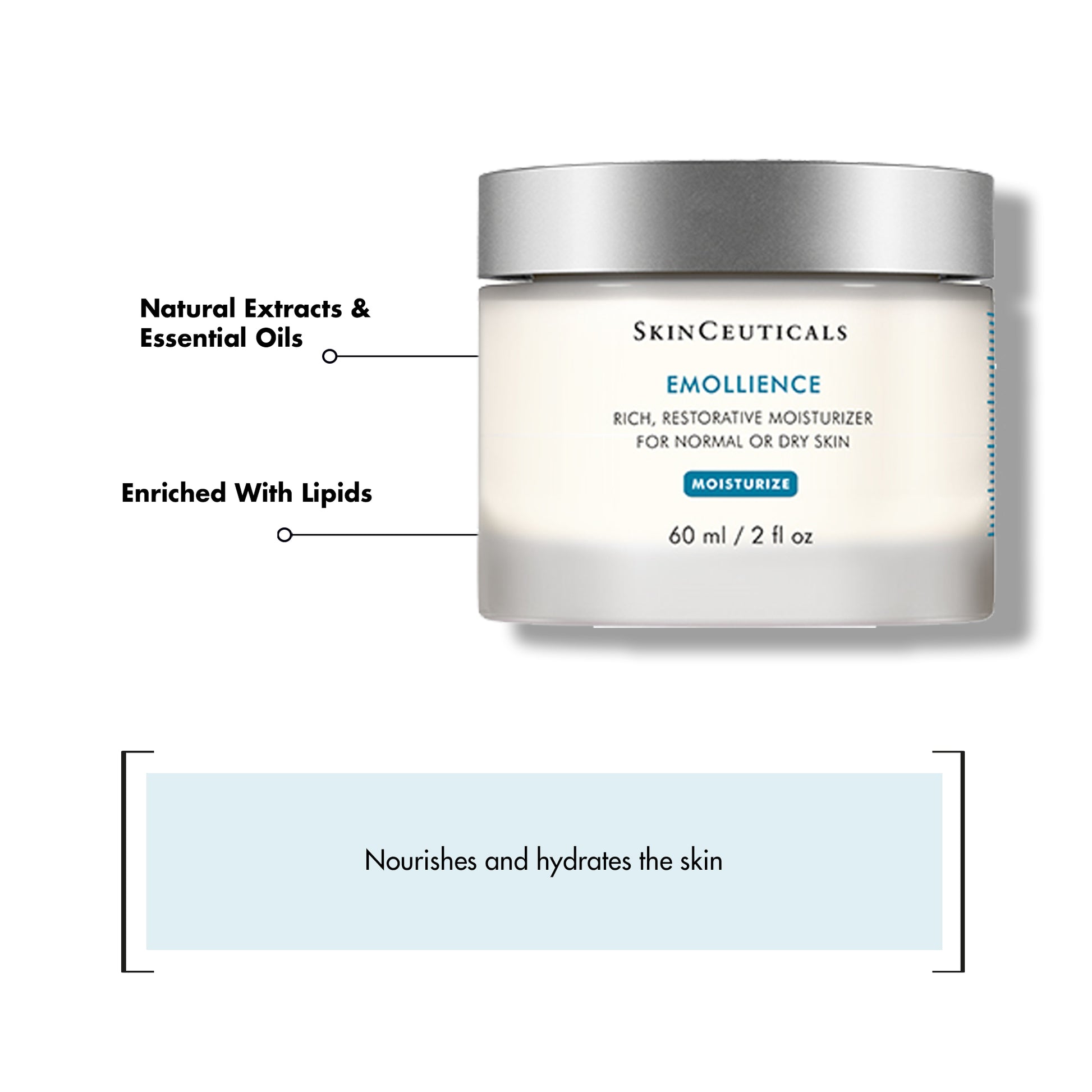 A jar of SkinCeuticals Emollience moisturizer, labeled "Natural Extracts & Essential Oils" and "Enriched With Lipids," with text below stating, "Nourishes and hydrates the skin." The jar holds 60 ml / 2 fl oz.