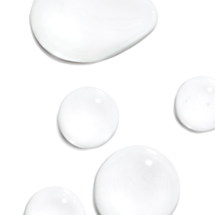 Clear, smooth liquid droplets in various sizes scattered on a white background.