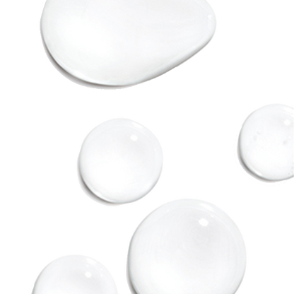 Clear, smooth liquid droplets in various sizes scattered on a white background.