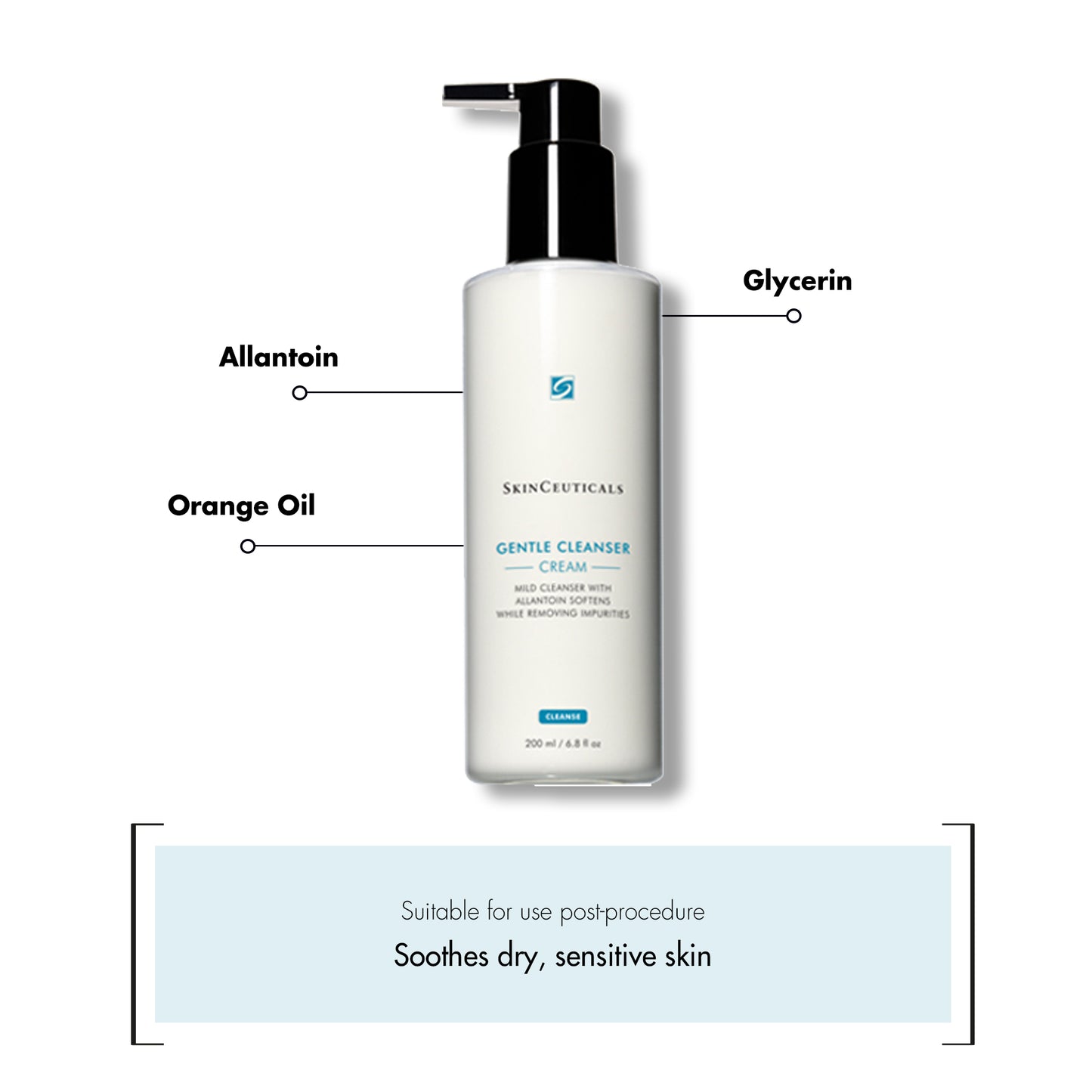 A white bottle labeled "SkinCeuticals Gentle Cleanser Cream" with a black pump dispenser is surrounded by annotations indicating Allantoin, Orange Oil, and Glycerin ingredients. Text: "Suitable for use post-procedure Soothes dry, sensitive skin".