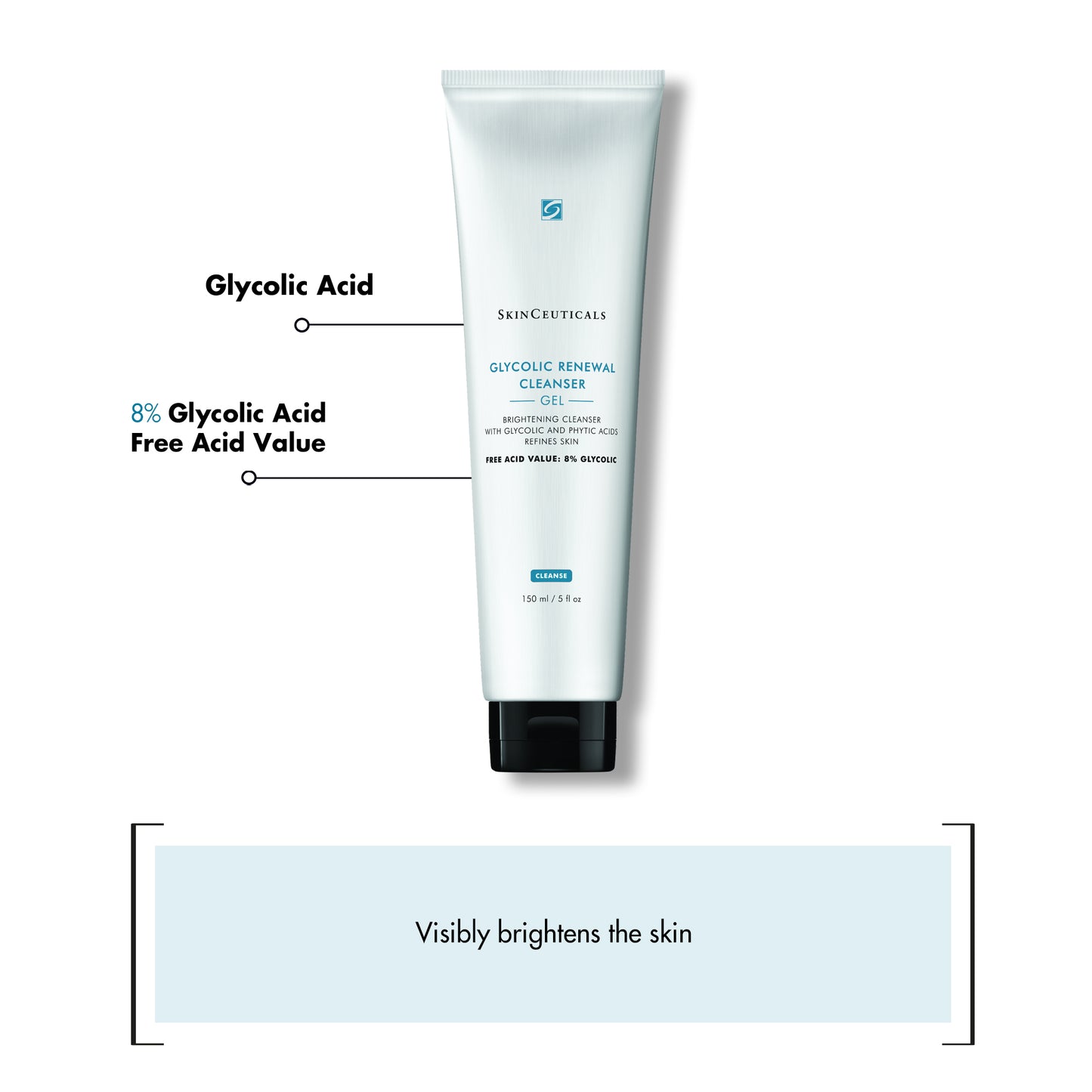 A white tube labeled "SkinCeuticals Glycolic Renewal Cleanser," containing Glycolic Acid and 8% Glycolic Acid Free Acid Value, is pictured against a white background with the text "Visibly brightens the skin" below it.