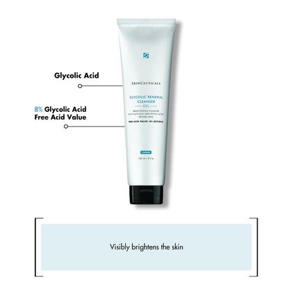 A white tube labeled "SkinCeuticals Glycolic Renewal Cleanser" containing glycolic acid stands upright. Text reads "8% Glycolic Acid Free Acid Value" and "Visibly brightens the skin." The tube is against a white background.