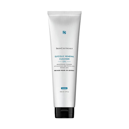 White tube labeled "SkinCeuticals Glycolic Renewal Cleanser Gel" with a black cap, standing upright. Text reads: "Brightening cleanser with glycolic and phytic acids for refine skin. Free Acid Value: 8% Glycolic. 150 ml / 5 fl oz."