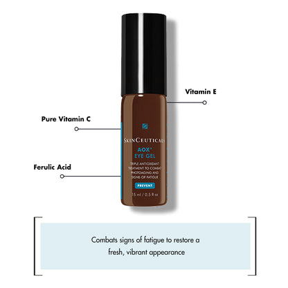 Skinceuticals AOX+ Eye Gel in a brown bottle with a black cap, highlighted ingredients are Pure Vitamin C, Vitamin E, and Ferulic Acid. Text: “Combats signs of fatigue to restore a fresh, vibrant appearance.”