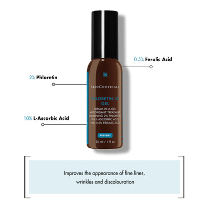 Brown bottle labeled "SkinCeuticals Phloretin CF Gel" with black cap. Text highlights ingredients: 2% Phloretin, 10% L-Ascorbic Acid, and 0.5% Ferulic Acid. Improves fine lines, wrinkles, discoloration.