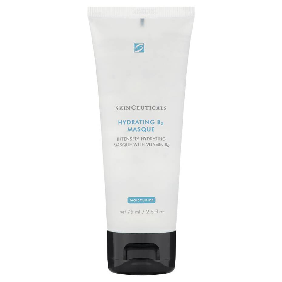 A white tube labeled "SkinCeuticals Hydrating B5 Masque," providing an intensely hydrating masque with Vitamin B5, net 75 ml / 2.5 fl oz, with a black flip-top cap, stands upright.