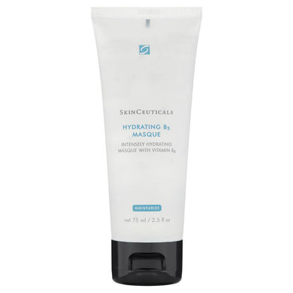 A white tube labeled "SkinCeuticals Hydrating B5 Masque," providing an intensely hydrating masque with Vitamin B5, net 75 ml / 2.5 fl oz, with a black flip-top cap, stands upright.