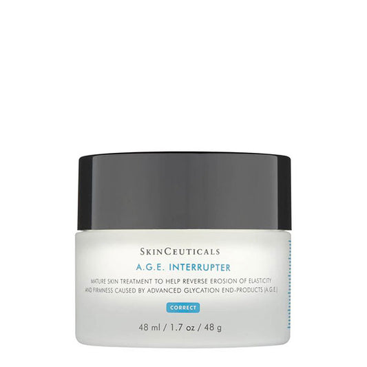 Jar labeled "SkinCeuticals A.G.E. Interrupter" containing 48 ml (1.7 oz). It treats elasticity and firmness loss due to advanced glycation end-products (A.G.E.). "CORRECT" is highlighted in blue.