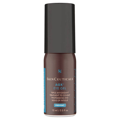 A small, dark brown bottle with a black cap labeled "SkinCeuticals AOX+ Eye Gel" for preventing photoaging and signs of fatigue. Contains 15 ml (0.5 fl. oz).