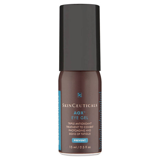 A small, dark brown bottle with a black cap labeled "SkinCeuticals AOX+ Eye Gel" for preventing photoaging and signs of fatigue. Contains 15 ml (0.5 fl. oz).