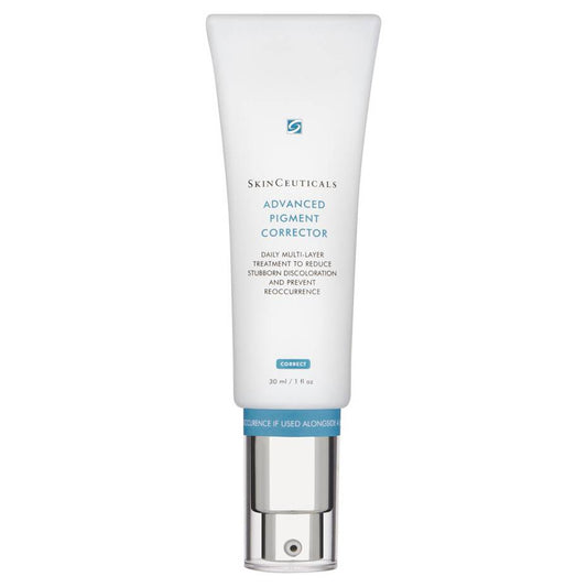 White tube labeled "SkinCeuticals ADVANCED PIGMENT CORRECTOR, DAILY MULTI-LAYER TREATMENT TO REDUCE STUBBORN DISCOLORATION AND PREVENT REOCCURRENCE". Context: Product placed against a white background.