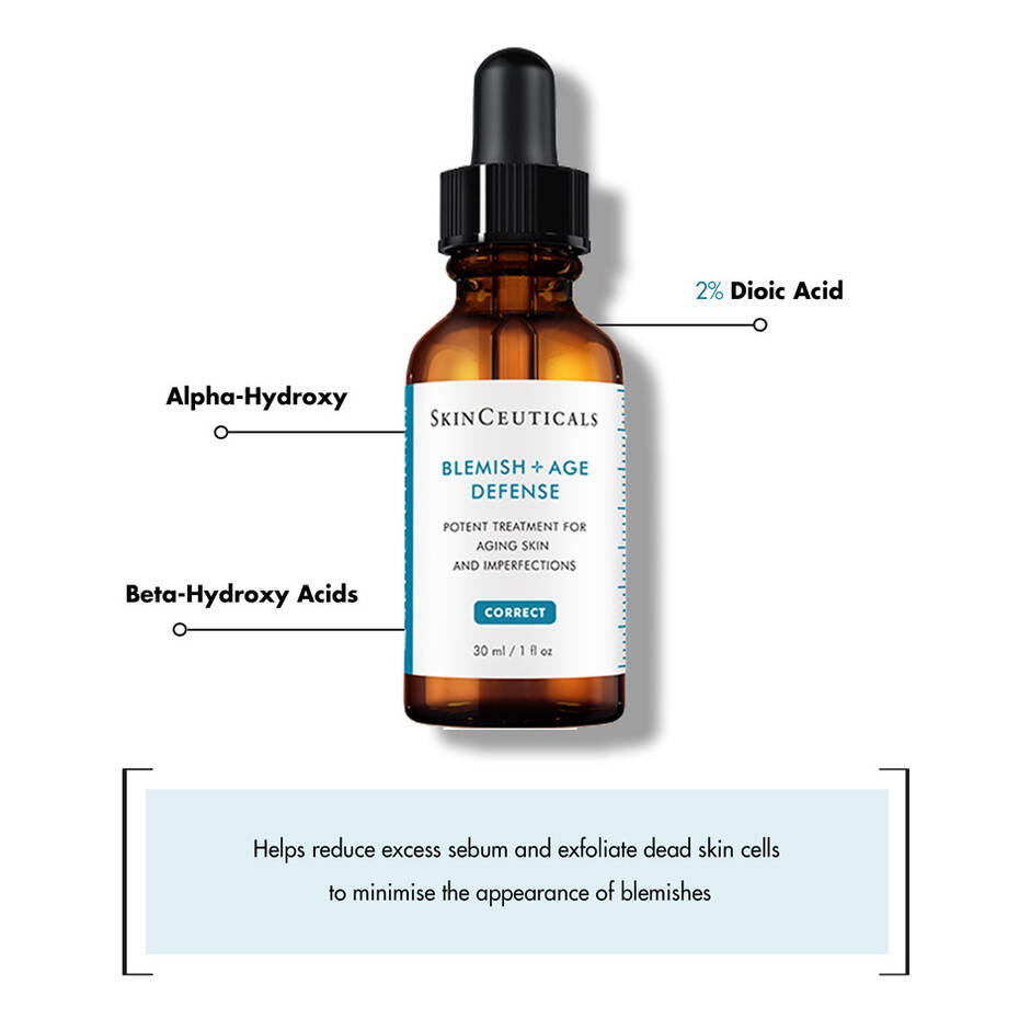 A brown dropper bottle labeled "SkinCeuticals Blemish + Age Defense" is highlighted, emphasizing Alpha-Hydroxy, Beta-Hydroxy Acids, and 2% Dioic Acid. Text below reads: "Helps reduce excess sebum and exfoliate dead skin cells to minimise the appearance of blemishes."