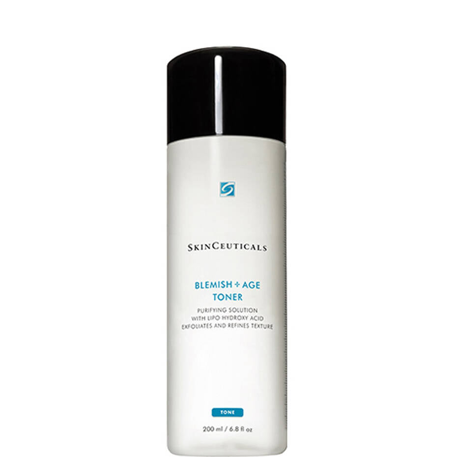 A white cylindrical bottle labelled "SkinCeuticals Blemish + Age Toner" with a black cap. It reads, "Purifying solution with Lipo Hydroxy Acid exfoliates and refines texture, 200 ml/6.8 fl oz."