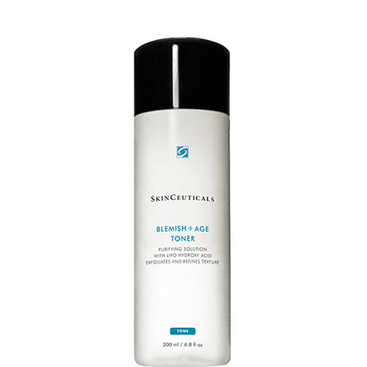 A white cylindrical bottle labelled "SkinCeuticals Blemish + Age Toner" with a black cap. It reads, "Purifying solution with Lipo Hydroxy Acid exfoliates and refines texture, 200 ml/6.8 fl oz."