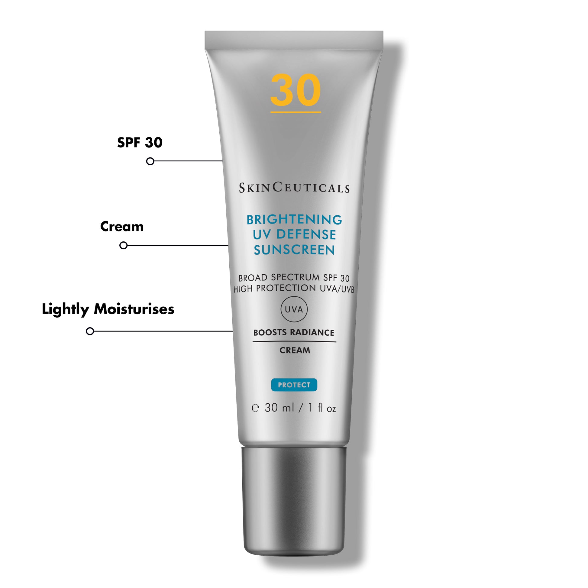 A grey tube labeled "SkinCeuticals BRIGHTENING UV DEFENSE SUNSCREEN" and "BROAD SPECTRUM SPF 30 HIGH PROTECTION UVA/UVB" stands upright on a white background. Additional text explains its features: "SPF 30," "Cream," "Lightly Moisturizes," and "BOOSTS RADIANCE." The tube is 30 ml / 1 fl oz.