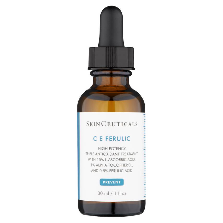 A brown glass dropper bottle labeled "SkinCeuticals C E Ferulic" sits upright. The text reads: "High potency triple antioxidant treatment with 15% L-ascorbic acid, 1% alpha tocopherol, and 0.5% ferulic acid. Prevent. 30 ml / 1 fl oz." Auto-generated summary: