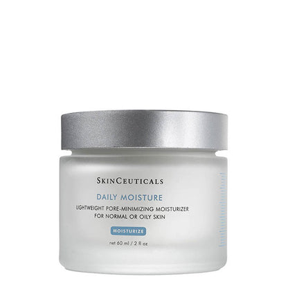 A white jar with a metallic lid labeled "SkinCeuticals DAILY MOISTURE LIGHTWEIGHT PORE-MINIMIZING MOISTURIZER FOR NORMAL OR OILY SKIN MOISTURIZE net 60 ml / 2 fl oz," set against a plain white background.