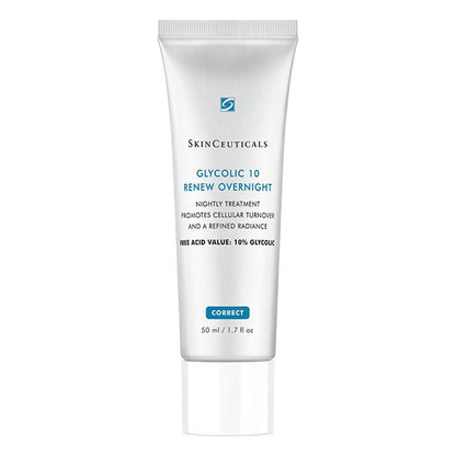 A white tube labeled "SkinCeuticals Glycolic 10 Renew Overnight" contains a nightly skin treatment. The text reads, "Promotes cellular turnover and a refined radiance. Free acid value: 10% glycolic. 50 ml / 1.7 fl oz." The tube is set against a plain white background.