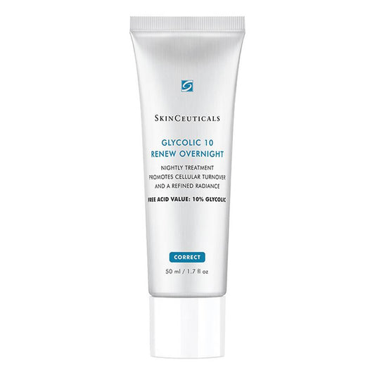 A white tube labeled "SkinCeuticals Glycolic 10 Renew Overnight" contains a nightly skin treatment. The text reads, "Promotes cellular turnover and a refined radiance. Free acid value: 10% glycolic. 50 ml / 1.7 fl oz." The tube is set against a plain white background.