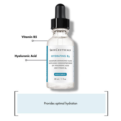 Bottle features a dropper top with text labeling it as "SkinCeuticals Hydrating B5, Moisture-Enhancing Fluid with High Concentrations of Hyaluronic Acid and Vitamin B5, Moisturize, 30 ml / 1 fl oz", set against a white background. Includes text "Provides optimal hydration" beneath. Markers point to "Vitamin B5" and "Hyaluronic Acid".