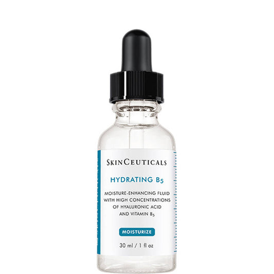 A clear glass dropper bottle labeled "SkinCeuticals Hydrating B5," contains a moisture-enhancing fluid with hyaluronic acid and vitamin B5, set against a plain white background. Text reads "Moisturize, 30 ml / 1 fl oz."