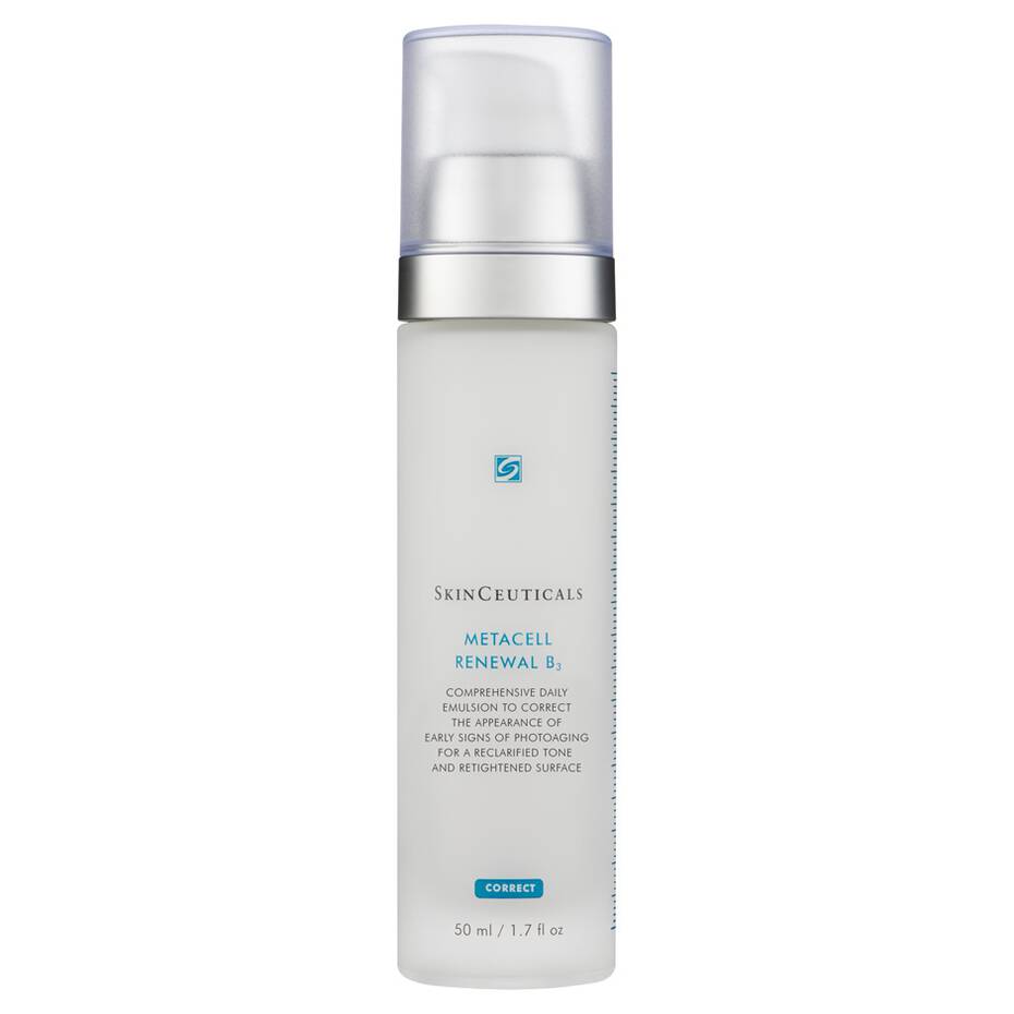 A white bottle of SkinCeuticals Metacell Renewal B₃ with a clear cap and label text, standing upright against a plain white background. Text reads: "COMPREHENSIVE DAILY EMULSION TO CORRECT THE APPEARANCE OF EARLY SIGNS OF PHOTOAGING FOR A CLARIFIED TONE AND RETEXTURED SURFACE, 50 ml / 1.7 fl oz."