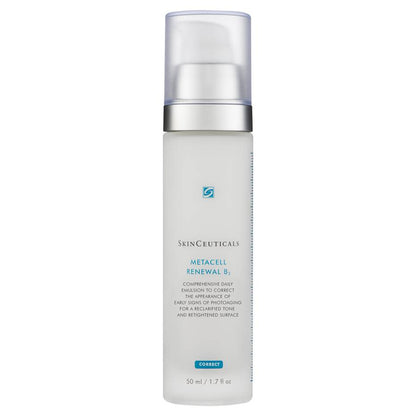 A white bottle of SkinCeuticals Metacell Renewal B₃ with a clear cap and label text, standing upright against a plain white background. Text reads: "COMPREHENSIVE DAILY EMULSION TO CORRECT THE APPEARANCE OF EARLY SIGNS OF PHOTOAGING FOR A CLARIFIED TONE AND RETEXTURED SURFACE, 50 ml / 1.7 fl oz."