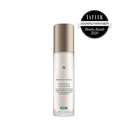 A cylindrical bottle of SkinCeuticals Tripeptide-R Neck Repair, with a beige cap, stands against a white background. Text reads: "TATLER AWARD-WINNER Beauty Awards 2020," and product information details its functionality and 50 ml volume.