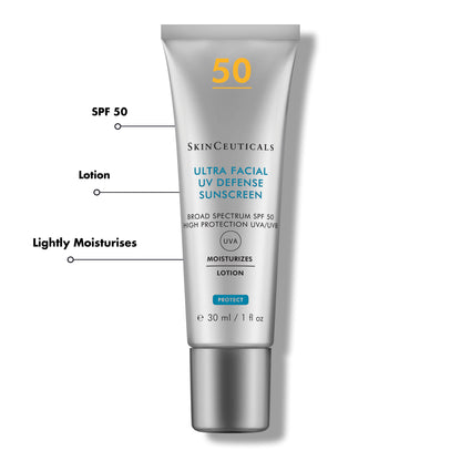 A silver tube labeled "SkinCeuticals Ultra Facial UV Defense Sunscreen" with SPF 50. Text includes, "BROAD SPECTRUM SPF 50 HIGH PROTECTION UVA/UVB", "MOISTURIZES", "LOTION," "PROTECT," and "e 30 ml / 1 fl oz."