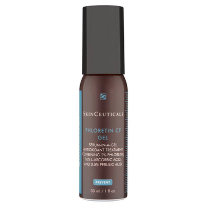 A dark brown cylindrical bottle with a black cap labeled "SkinCeuticals PHLORETIN CF GEL." The text further reads: "SERUM-IN-A-GEL ANTIOXIDANT TREATMENT COMBINING 2% PHLORETIN, 10% L-ASCORBIC ACID, AND 0.5% FERULIC ACID. PREVENT. 30 ml / 1 fl oz."