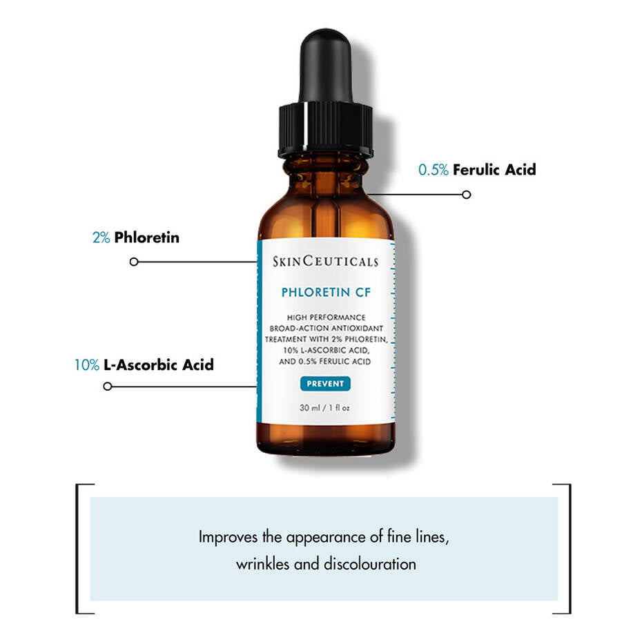 A brown dropper bottle labeled "SkinCeuticals Phloretin CF" features text: 2% Phloretin, 10% L-Ascorbic Acid, 0.5% Ferulic Acid. Below, additional text reads, "Improves the appearance of fine lines, wrinkles and discolouration."
