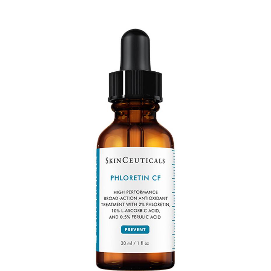 A brown glass dropper bottle labeled "SkinCeuticals Phloretin CF: High Performance Broad-Action Antioxidant Treatment with 2% Phloretin, 10% L-Ascorbic Acid, and 0.5% Ferulic Acid," 30ml/1 fl oz, on a white background.