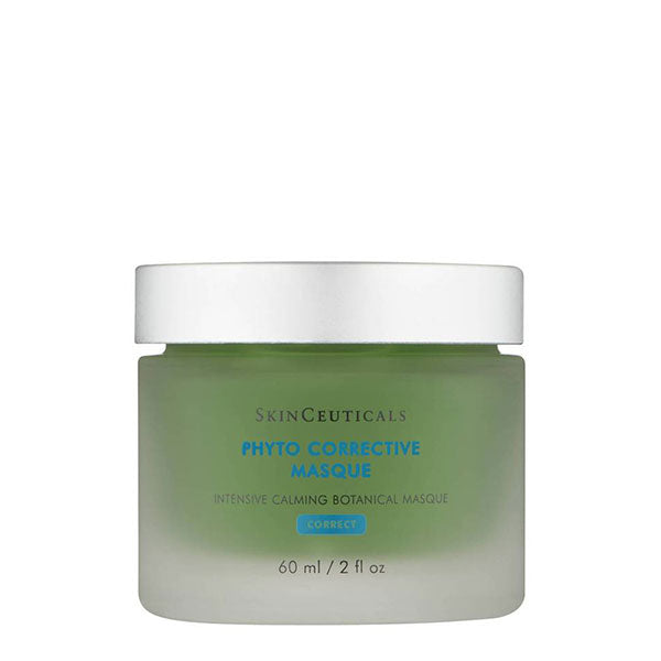 A green jar labeled "SkinCeuticals Phyto Corrective Masque Intensive Calming Botanical Masque CORRECT," with a white lid, in a plain white background. Volume indicated as "60 ml / 2 fl oz".