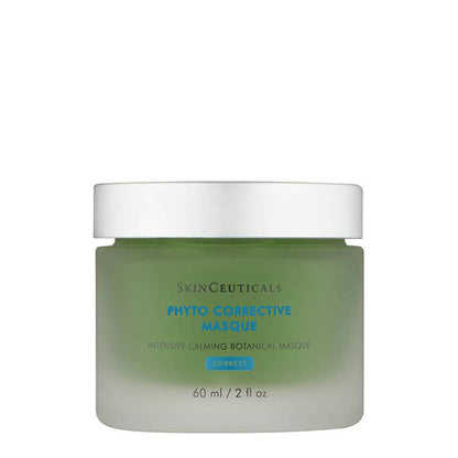 A green jar labeled "SkinCeuticals Phyto Corrective Masque Intensive Calming Botanical Masque CORRECT," with a white lid, in a plain white background. Volume indicated as "60 ml / 2 fl oz".