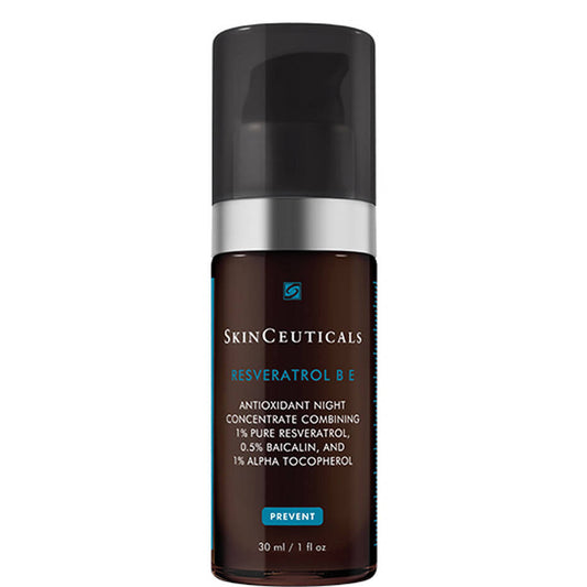 A dark brown bottle with a black cap labeled "SkinCeuticals RESVERATROL B E,” containing 30 ml antioxidant night concentrate. Text reads: "1% pure resveratrol, 0.5% baicalin, and 1% alpha tocopherol."