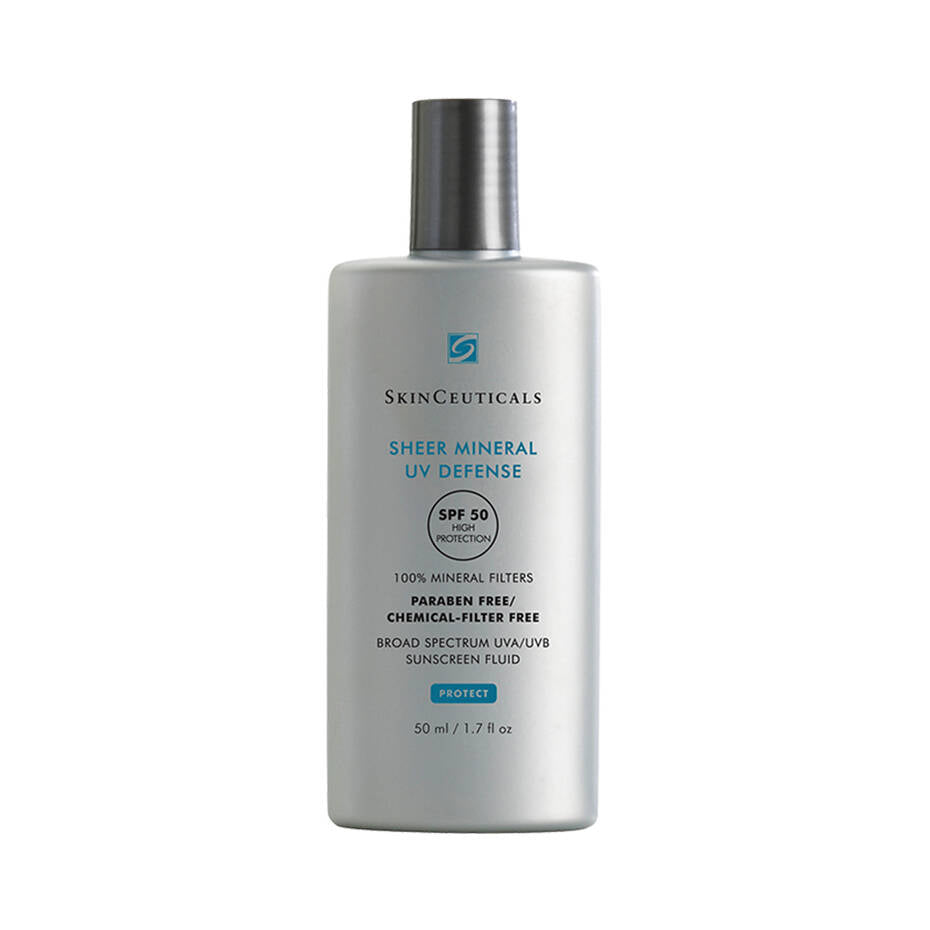 A gray, rectangular bottle of SkinCeuticals Sheer Mineral UV Defense with SPF 50, featuring text: "100% Mineral Filters, Paraben Free, Chemical Filter Free, Broad Spectrum UVA/UVB Sunscreen Fluid, 50 ml / 1.7 fl oz".