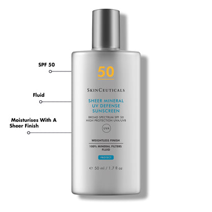 A rectangular, grey sunscreen bottle labeled "SkinCeuticals Sheer Mineral UV Defense Sunscreen, Broad Spectrum SPF 50," showcases SPF 50 prominently. It features a metal screw cap and concise description of product benefits.