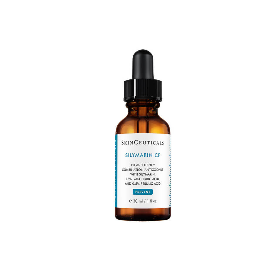 A dark glass dropper bottle labeled "SkinCeuticals SILYMARIN CF, high-potency combination antioxidant with silymarin, 15% L-ascorbic acid, and 0.5% ferulic acid, PREVENT, 30 ml / 1 fl oz." against a white background.