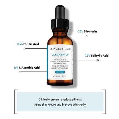 Brown dropper bottle labeled "SkinCeuticals SILYMARIN CF (30 ml / 1 fl oz)" against a white background, highlighting ingredients: 0.5% Silymarin, 0.5% Salicylic Acid, 15% L-Ascorbic Acid, 0.5% Ferulic Acid. Text below reads: "Clinically proven to reduce oiliness, refine skin texture and improve skin clarity."