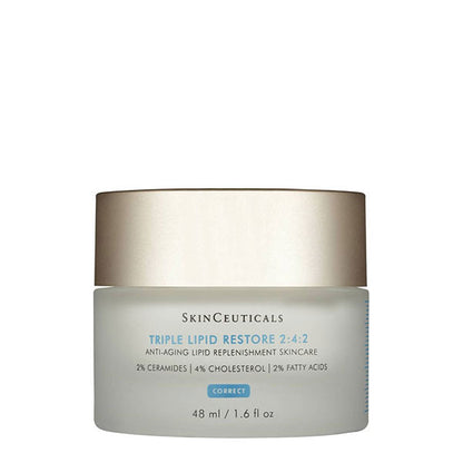 A skincare jar labeled "SkinCeuticals Triple Lipid Restore 2:4:2 Anti-Aging Lipid Replenishment Skincare" rests on a white background. The container holds 48 ml (1.6 fl oz) of product.